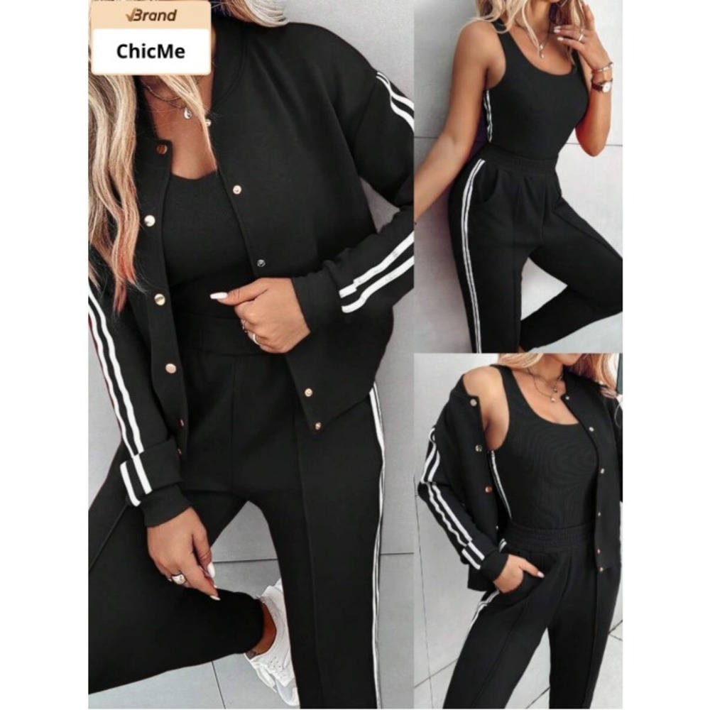 ChicMe 3 Piece Tracksuit Set Sweatsuit Tank Top Joggers Black White Striped XXL